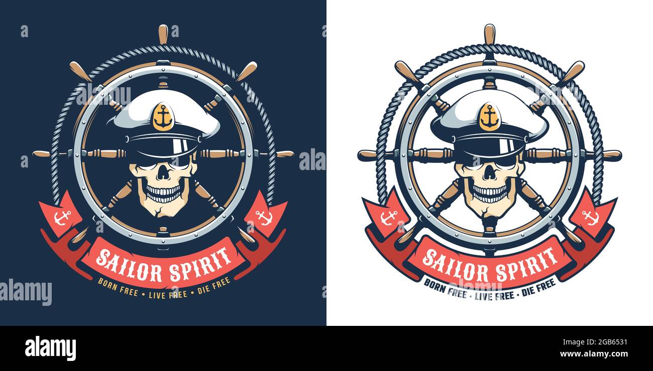 Logo rétro du capitaine marin - crâne avec barre de navire Illustration de Vecteur