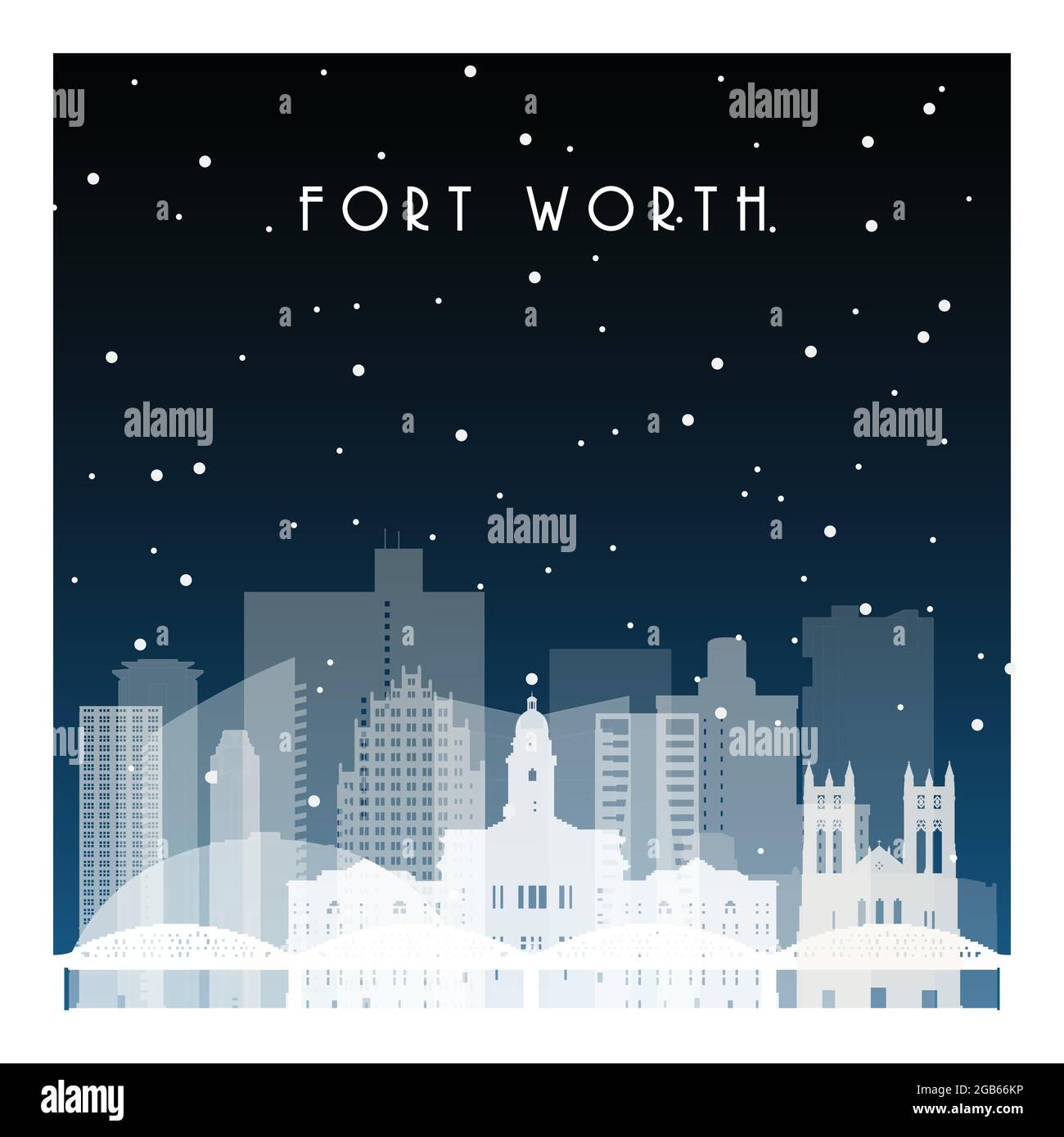 Nuit d'hiver à fort Worth. Ville nocturne de style plat pour bannière, affiche, illustration, arrière-plan. Illustration de Vecteur