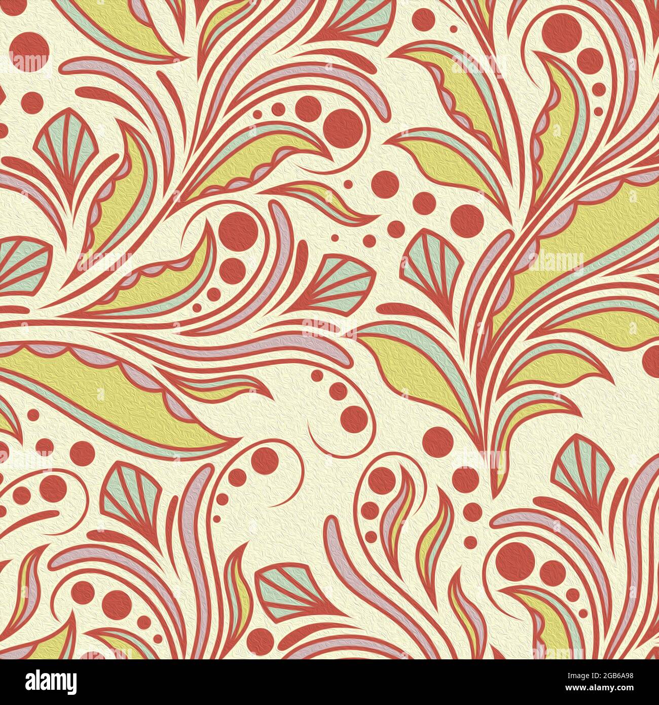 Motif floral décoratif avec des plantes délicates de couleurs rose, vert, bleu et kaki sur fond jaune pâle Banque D'Images