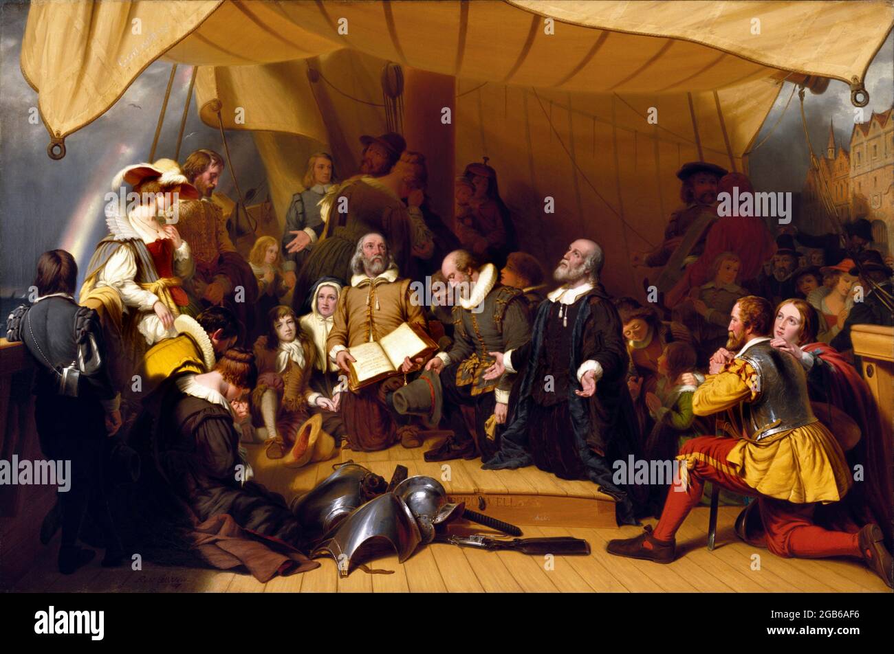 Embarquement des pèlerins par Robert W. Weir (1803-1889), huile sur toile, 1857. Myles Standish (c. 1584-1656) est montré au premier plan à droite avec sa femme, Rose. Banque D'Images