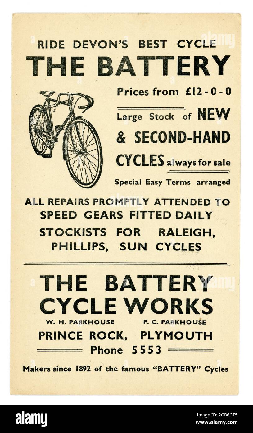 Carte postale publicitaire originale du début des années 1900 pour Battery cycle Works, Plymouth, Devon, Royaume-Uni , vélo d'époque, , vers 1936 Banque D'Images
