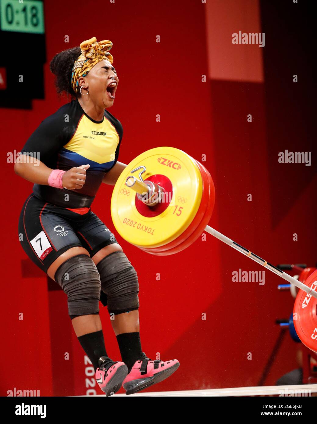 Tokyo, Kanto, Japon. 2 août 2021. Tamara Yajaira Salazar Arce (ECU) réagit après une levée réussie, dans l'épreuve féminine de musculation de 87 kg aux Jeux Olympiques d'été 2020 au Forum international de Tokyo. (Image de crédit : © David McIntyre/ZUMA Press Wire) Banque D'Images