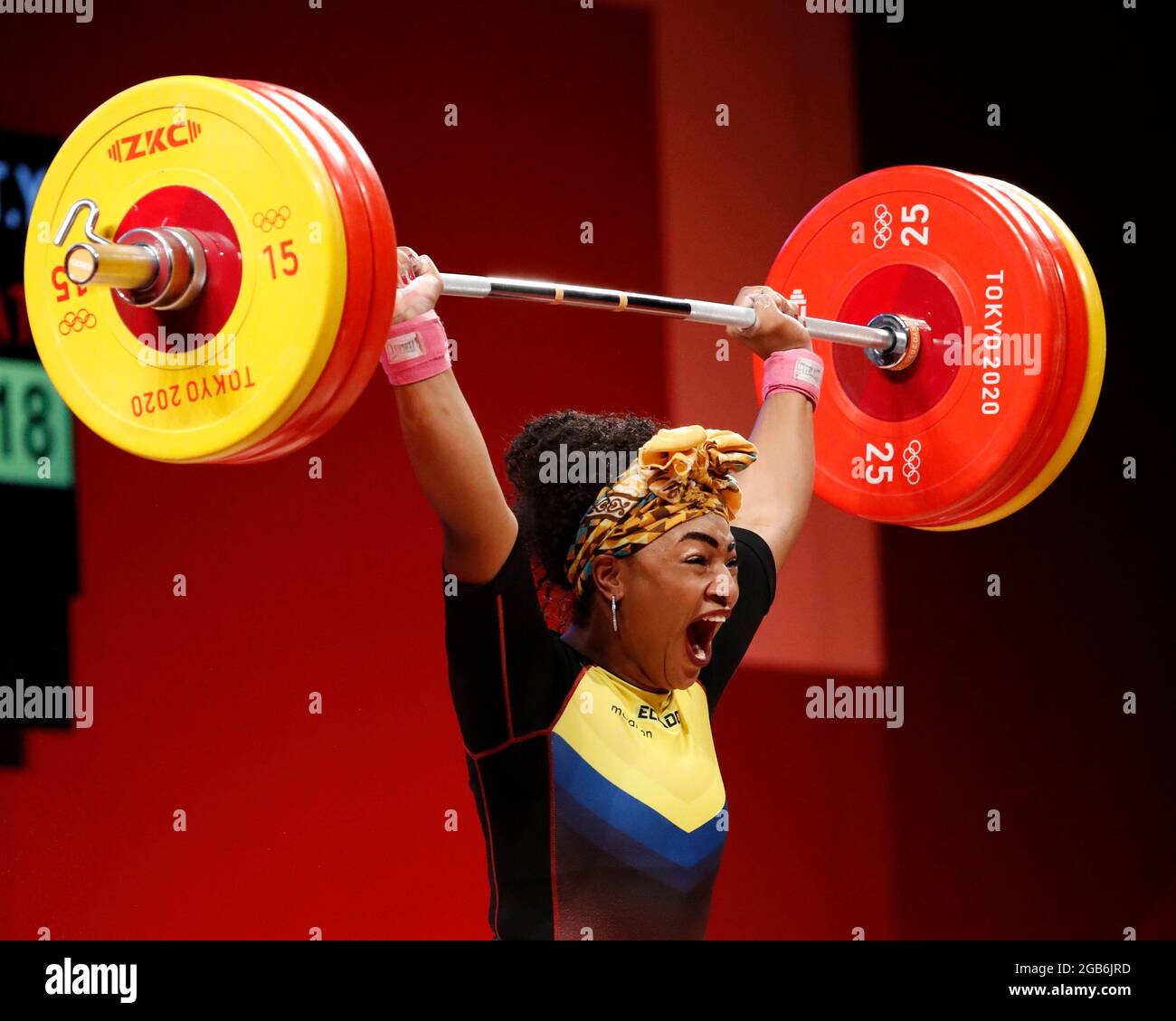 Tokyo, Kanto, Japon. 2 août 2021. Tamara Yajaira Salazar Arce (ECU) réagit après une levée réussie, dans l'épreuve féminine de musculation de 87 kg aux Jeux Olympiques d'été 2020 au Forum international de Tokyo. (Image de crédit : © David McIntyre/ZUMA Press Wire) Banque D'Images