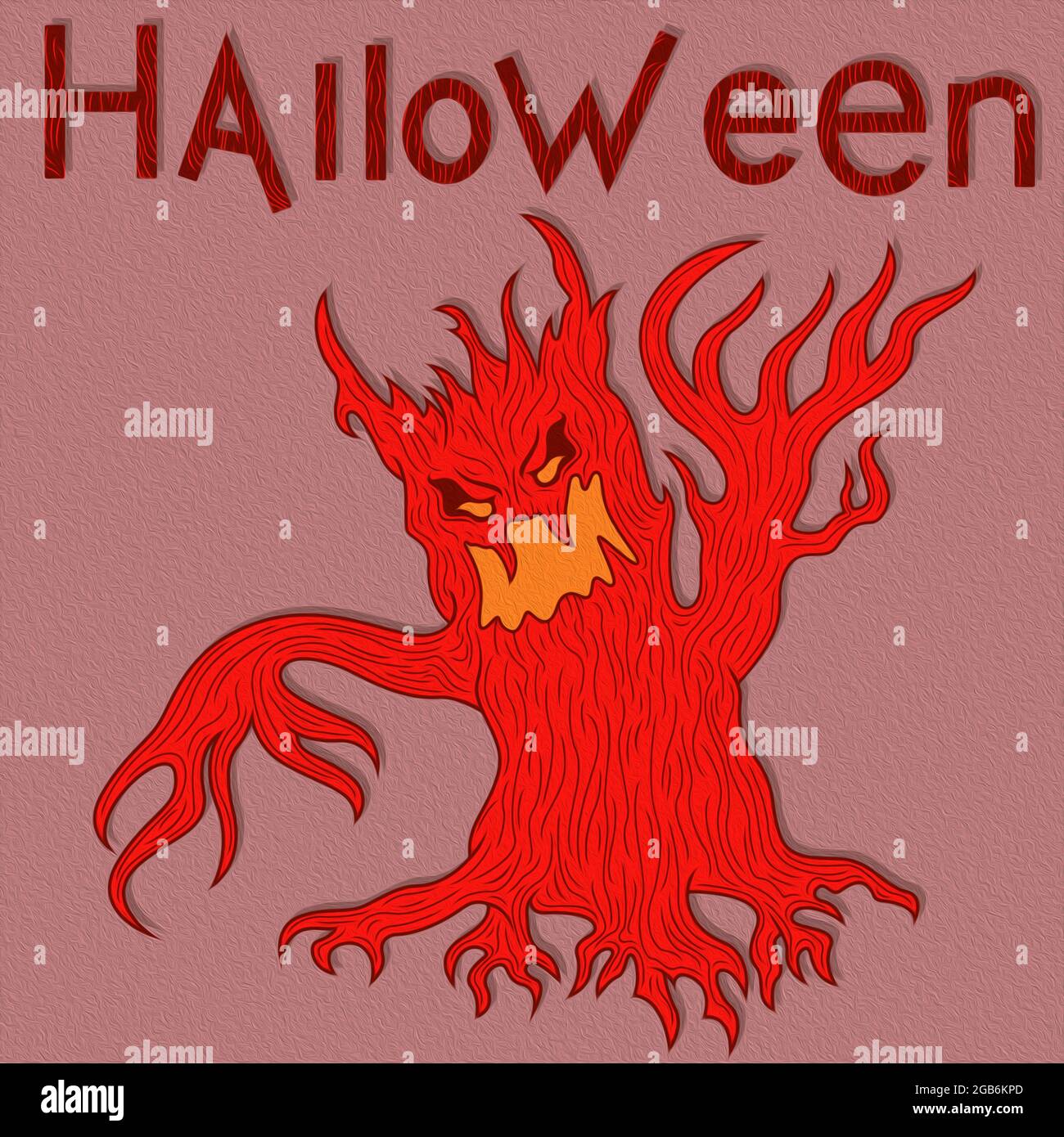 Halloween agressif arbre mal avec des branches comme des mains, dessin animé éléments de conception dans les teintes rouges Banque D'Images
