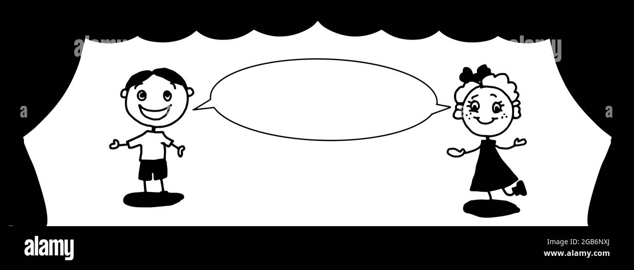 scène de théâtre et rideau mignon petit garçon et fille parole bulle Banque D'Images