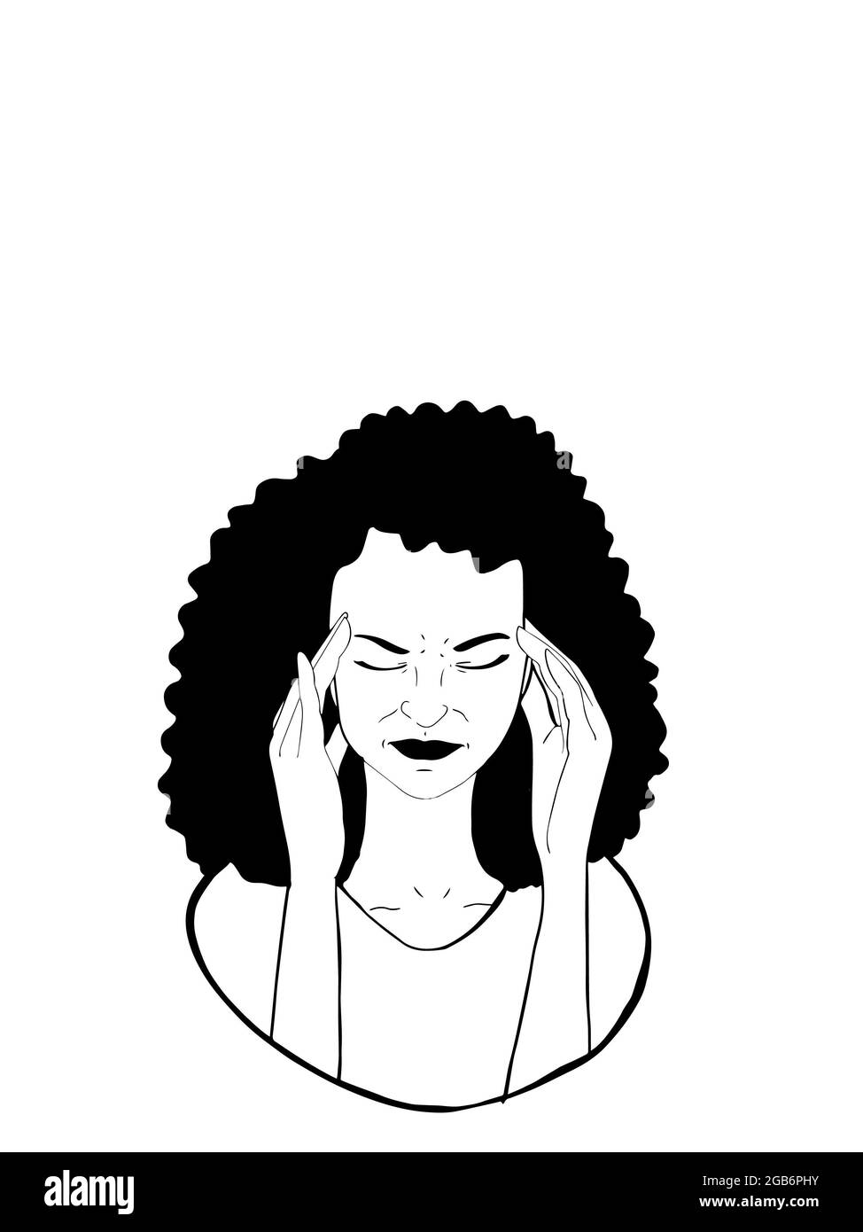Un mal de tête, femme moitié corps illustration, noir blanc couleurs Banque D'Images