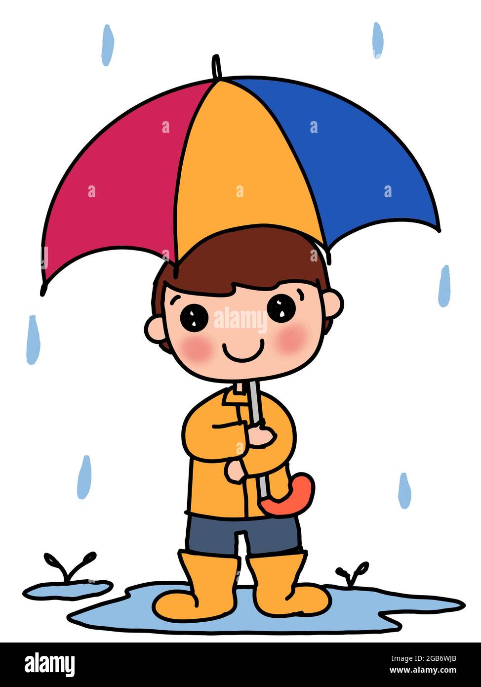 caricature, mignon, kawaii, garçon et parapluie et pluie Banque D'Images