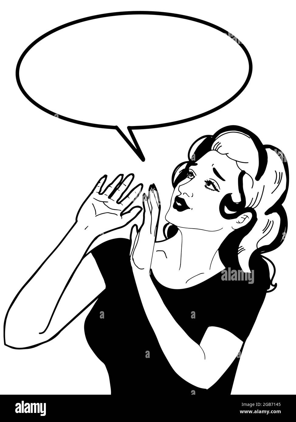 caricature, pop art, femme regardant vers le haut, illustration inquiète, bulle de discours, noir blanc couleurs Banque D'Images