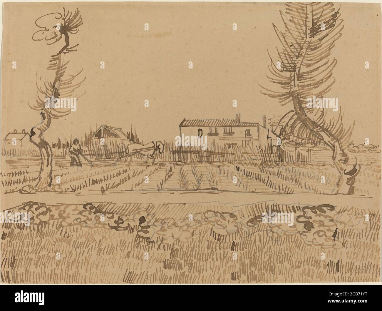 Titre: Plowman dans les champs près d'Arles Créateur: Vincent van Gogh Date: 1888 Moyen: stylo roseau et encre brune sur graphite sur papier vélin Dimensions: 25.3 x 34.1 cm emplacement: National Gallery of Art, Washington Banque D'Images