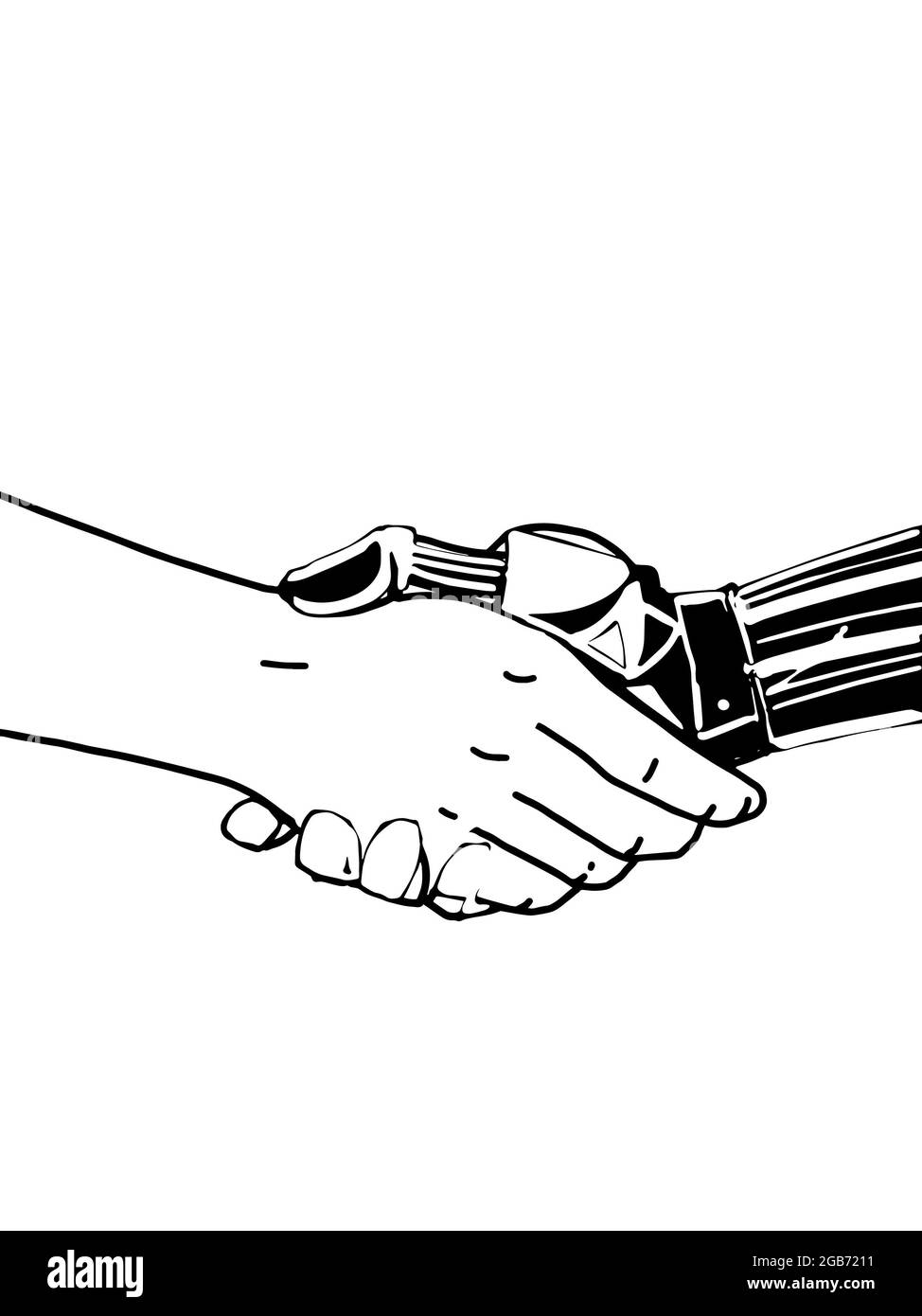 La main du robot pour secouer les mains avec les gens sur fond noir Banque D'Images