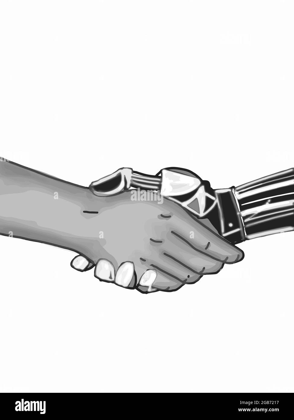 La main du robot pour secouer les mains avec les gens sur fond noir Banque D'Images