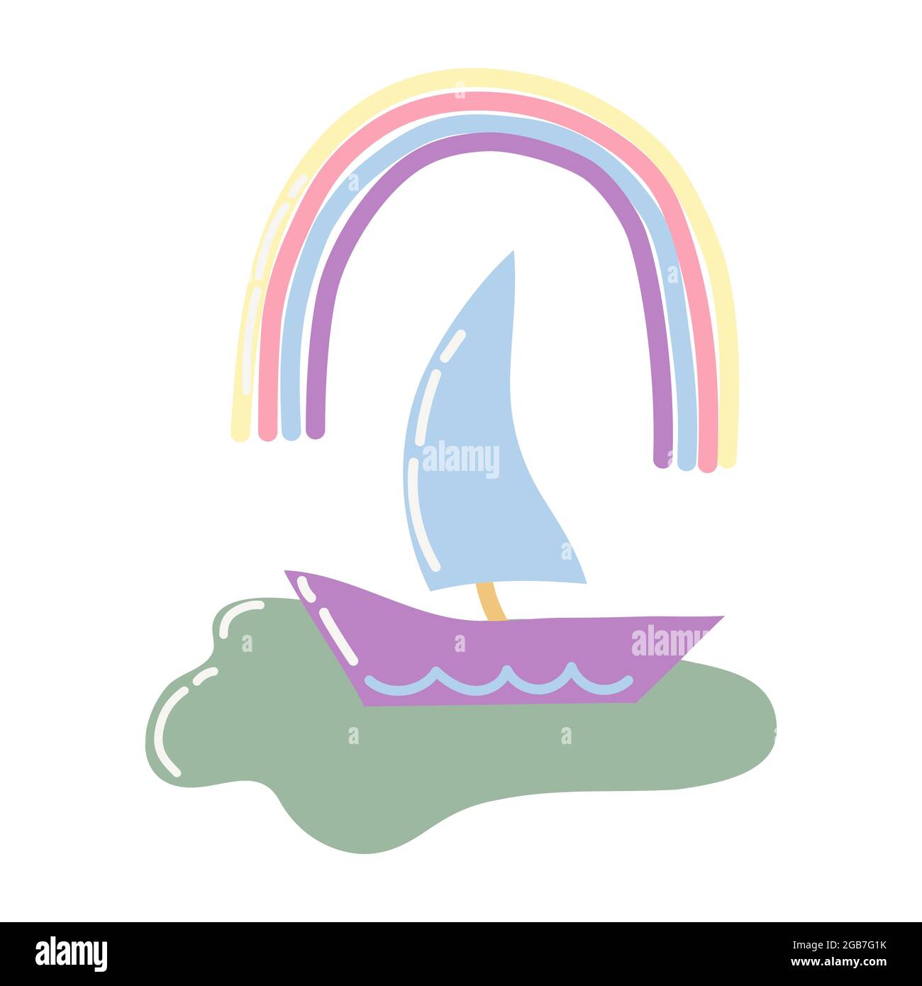 Joli bateau avec une voile sous l'arc-en-ciel. Imprimé pour enfants pour décorer une chambre pour enfants, des vêtements ou un album. Illustration de Vecteur