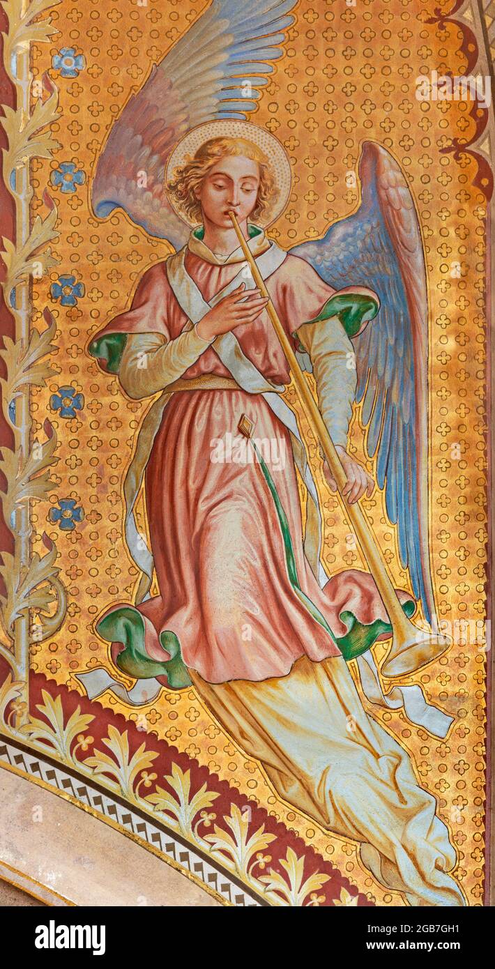 VIENNE, AUSTIRA - JUNI 24, 2021: La fresque de l'ange avec le tombeau dans l'église Votivkirche par les frères Carl et Franz Jobst (sc. Moitié de 19. Cent Banque D'Images