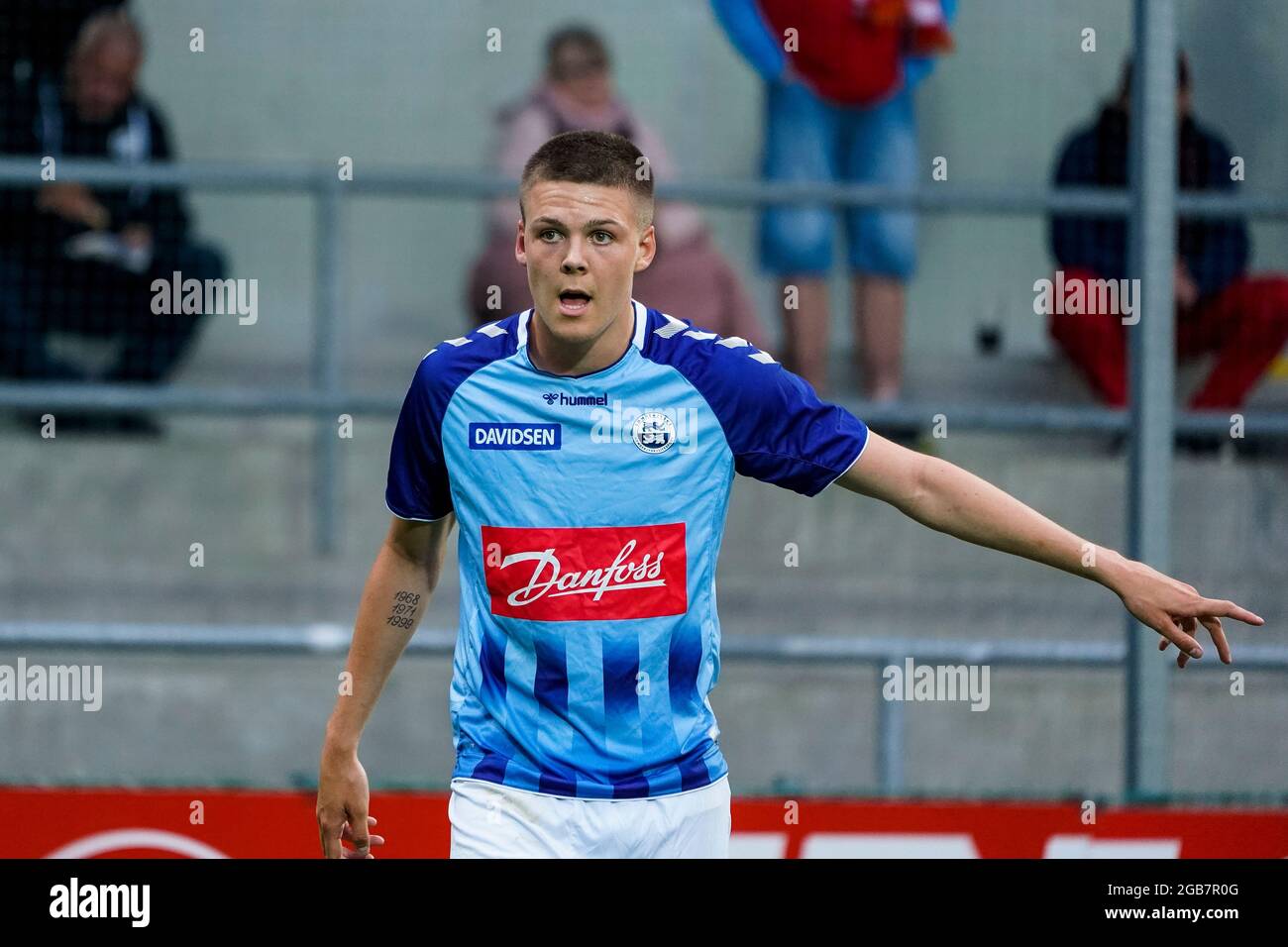 Haderslev, Danemark. 02 août 2021. Emil Holm (3) de Soenderjyske vu pendant le match 3F Superliga entre Soenderjyske et le FC Nordsjaelland au parc Sydbank à Haderslev. (Crédit photo : Gonzales photo/Alamy Live News Banque D'Images