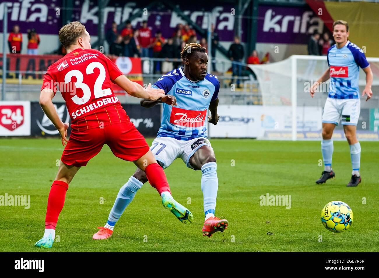 Haderslev, Danemark. 02 août 2021. Rilwan Hassan (77) de Soenderjyske vu pendant le match 3F Superliga entre Soenderjyske et le FC Nordsjaelland au parc Sydbank à Haderslev. (Crédit photo : Gonzales photo/Alamy Live News Banque D'Images