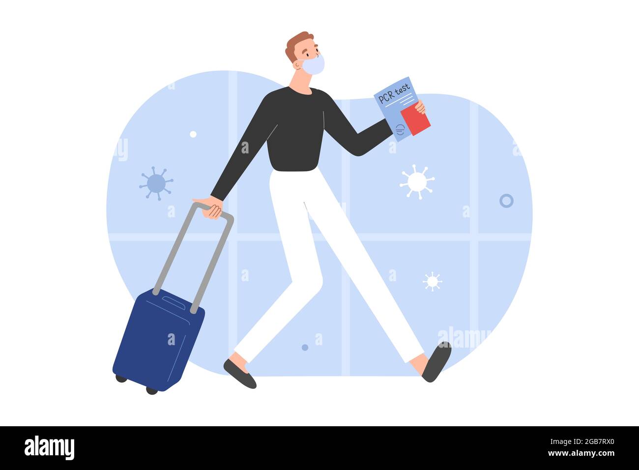 Voyageur passant la frontière avec résultat de test PCR négatif pour Covid-19 avec son certificat Covid à l'aéroport, portant un masque de protection, dessin animé vectoriel Illustration de Vecteur