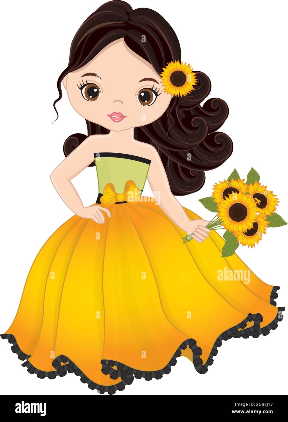 Belle fille tenant bouquet de tournesol. Fille vectorielle avec tournesol Illustration de Vecteur