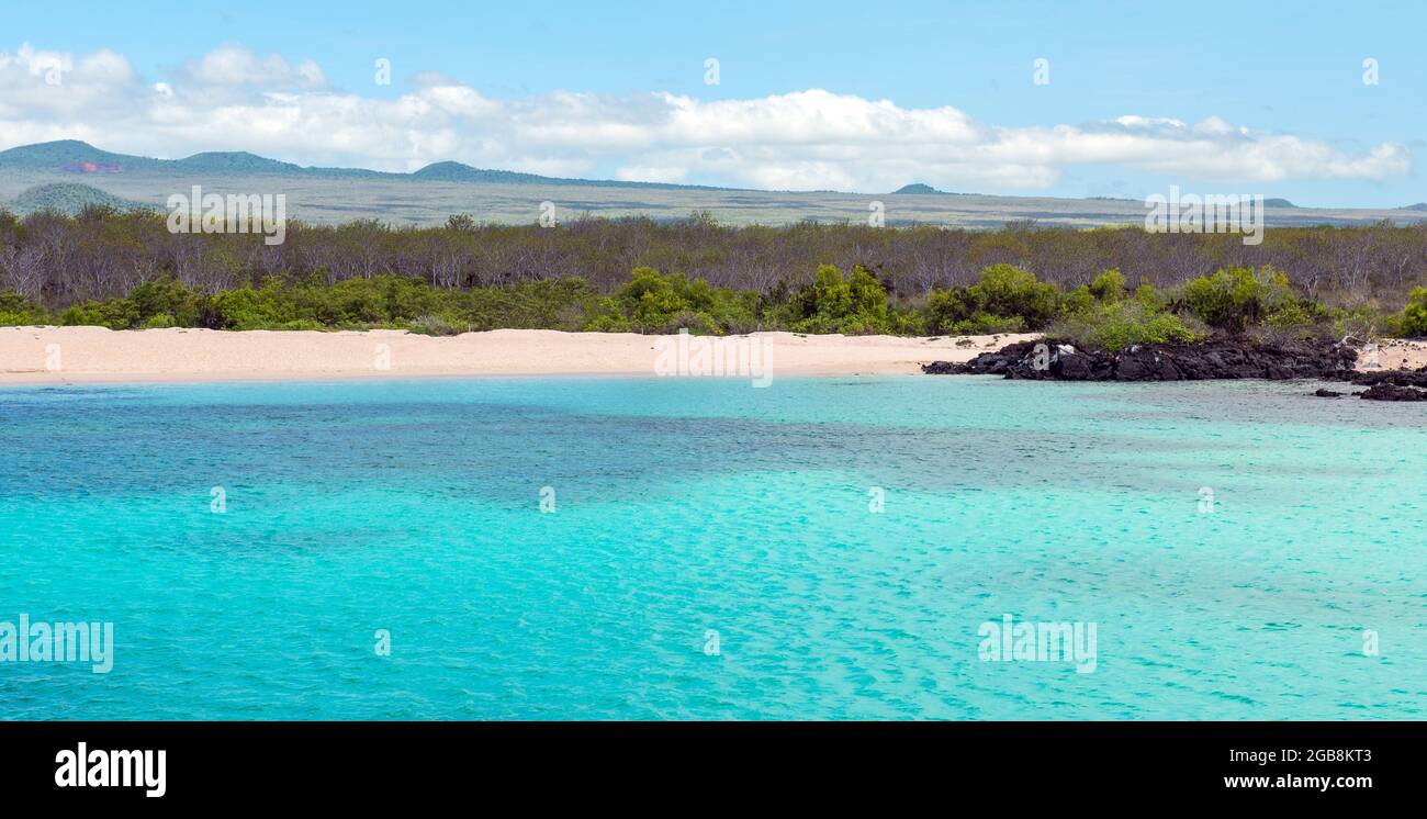 Panorama du récif de corail de Galapagos et de la plage par Seymour North Island pour la plongée en apnée, parc national de Galapagos, Équateur. Banque D'Images