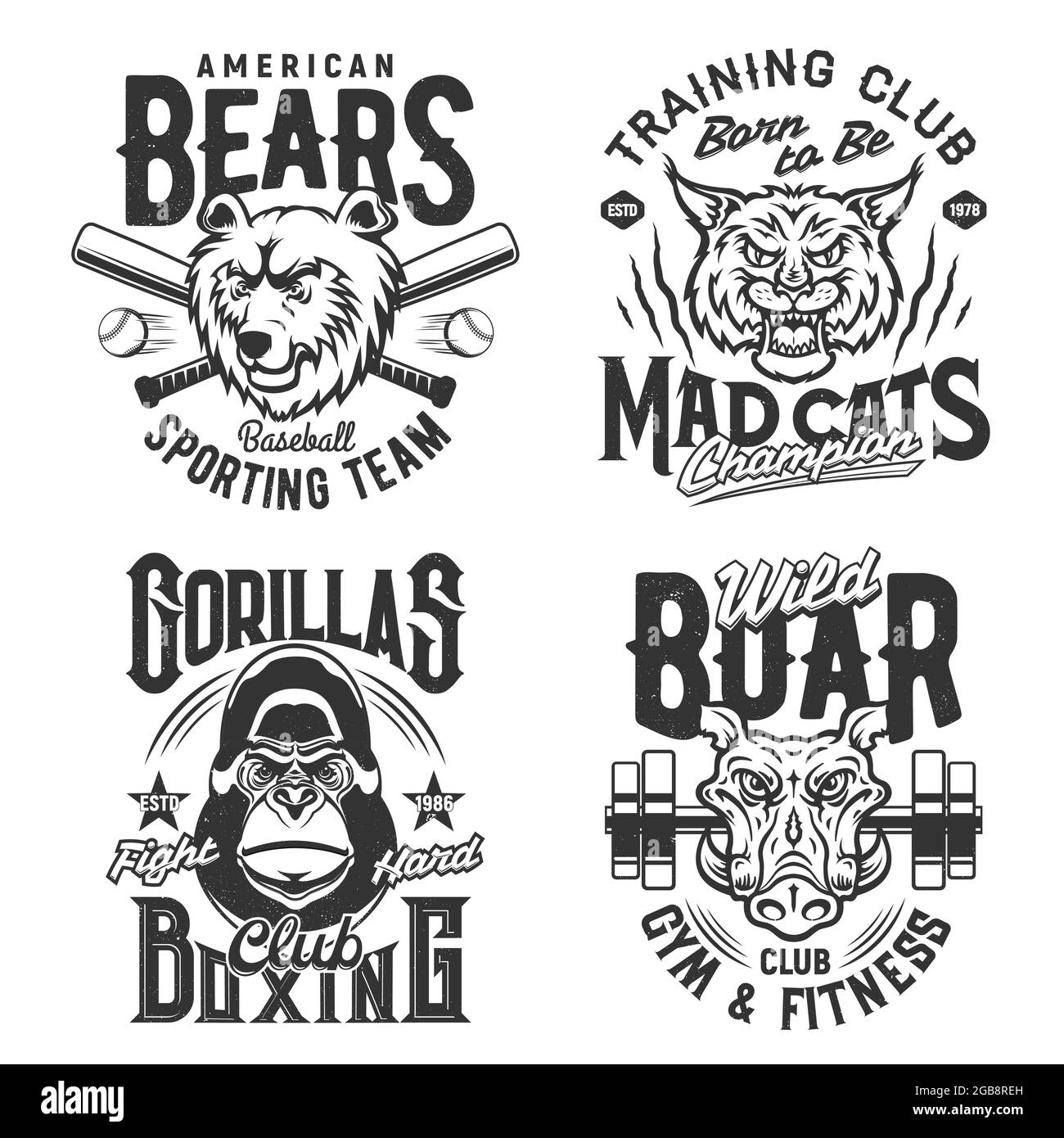 Reproductions et citations de t-shirts de sport Gym et de club de fitness, icônes vectorielles. L'équipe de baseball amércienne porte mascotte, boxe et club de combat gorilla, sanglier Illustration de Vecteur