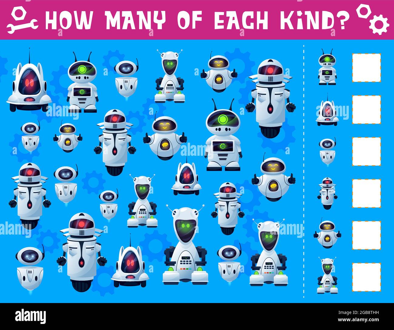 Robots et droïdes enfants J'espionne le jeu. Les enfants riddle, comptant puzzle ou quiz livre modèle de page avec de futurs androïdes, robots fantaisie ou alien droïdes wi Illustration de Vecteur