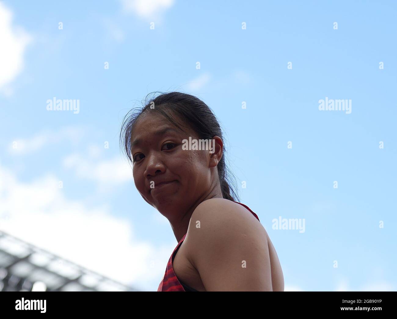 Tokyo, Japon. 3 août 2021. Liu Shiying, de la Chine, réagit lors de la qualification de projection Javelin des femmes aux Jeux Olympiques de Tokyo en 2020 à Tokyo, au Japon, le 3 août 2021. Credit: Jia Yuchen/Xinhua/Alay Live News Banque D'Images