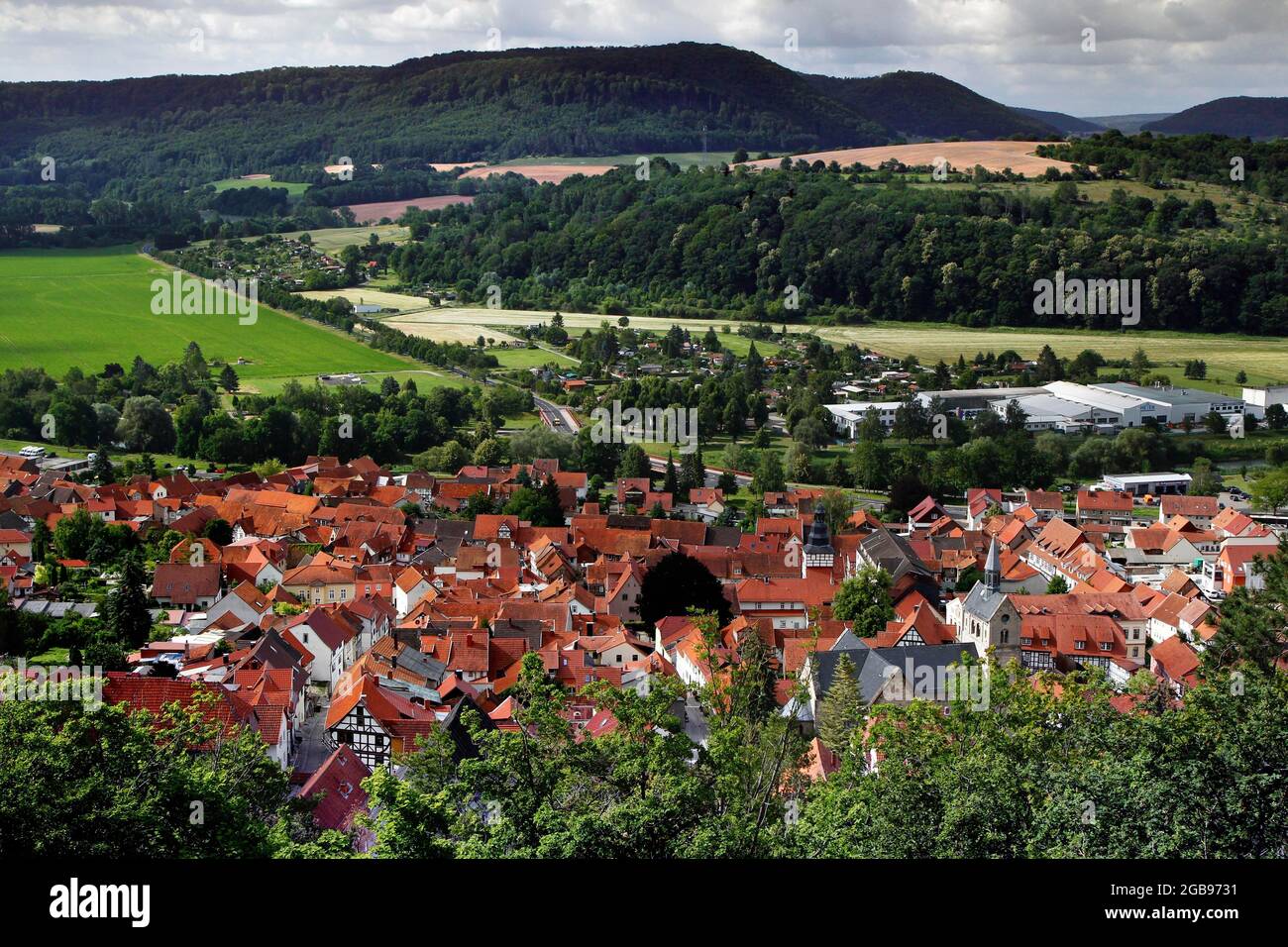 Vue sur Treffurt et Werratal, Werrabergland, ceinture verte, chemin de la frontière, frontière intérieure-allemande, Treffurt, Wartburgkreis, Thuringe, Allemagne Banque D'Images