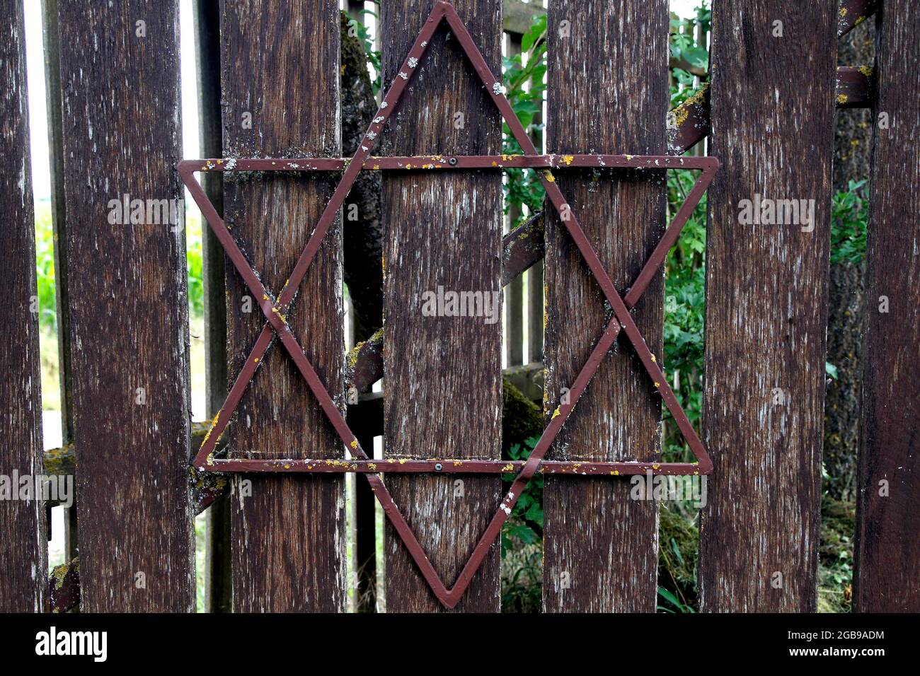 Porte d'entrée cimetière juif, porte en bois avec l'étoile de David, ceinture verte, chemin frontalier, Berkach, municipalité de Grabfeld, Forêt de Thuringe Banque D'Images