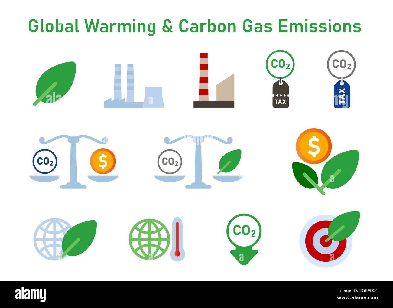 ensemble d'icônes du réchauffement de la planète émissions de gaz à effet de serre changement climatique taxe co2 compensation carbone neutre Illustration de Vecteur