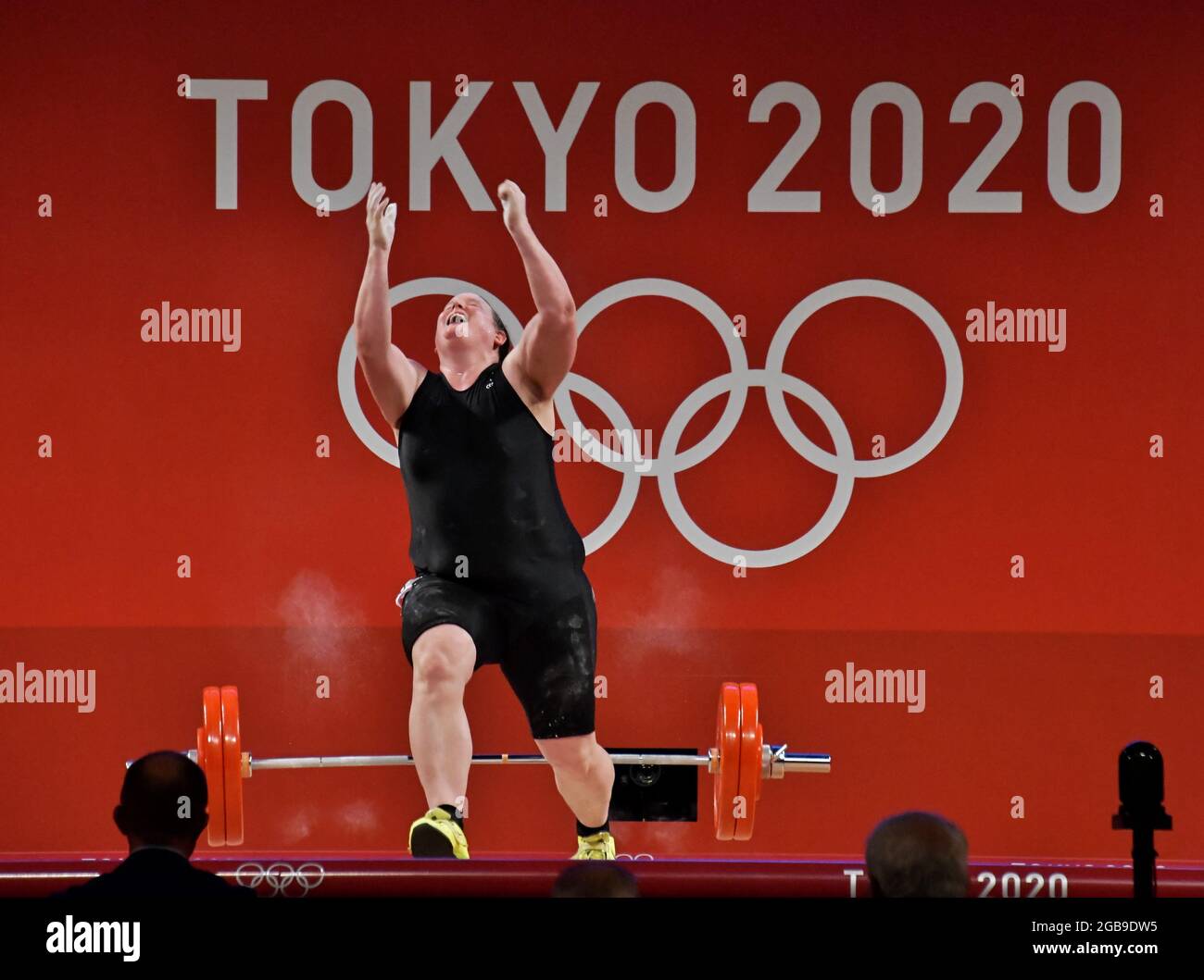 Tokyo, Japon. 02 août 2021. Laurel Hubbard, de Nouvelle-Zélande, participe à la compétition de musculation de 87 kg des Jeux Olympiques de Tokyo au Tokyo International Forum à Tokyo, au Japon, le lundi 2 août 2021. Hubbard est devenue la première femme transgenre ​out à participer aux Jeux Olympiques. Photo par Keizo Mori/UPI crédit: UPI/Alay Live News Banque D'Images