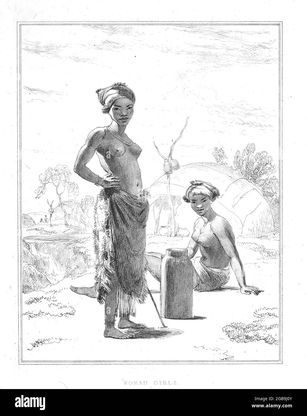 Femme Korah Hottentot du livre Sketches représentant les tribus indigènes, les animaux, et les paysages de l'Afrique australe : à partir de dessins réalisés par feu M. Samuel Daniell. Par Daniell, Samuel, 1775-1811; Daniell, William, 1769-1837; Barrow, John, sir, 1764-1848; Somerville, William, 1771-1860; imprimé par Richard et Arthur Taylor : publié par William Daniell, et William Wood, Londres, 1820 Banque D'Images