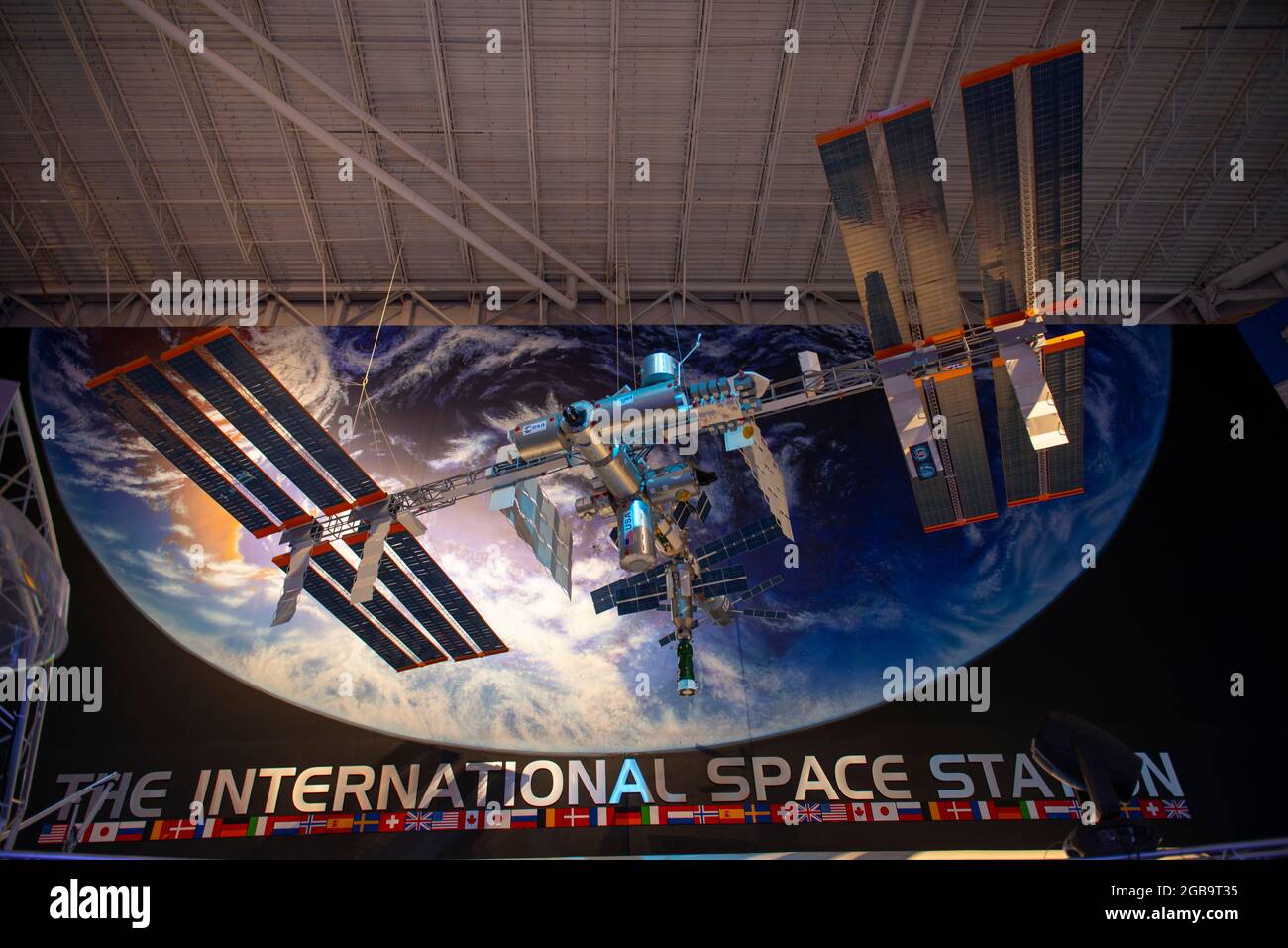 Modèle de station spatiale internationale (ISS) exposé au Johnson Space Center de Houston, Texas, États-Unis. Banque D'Images