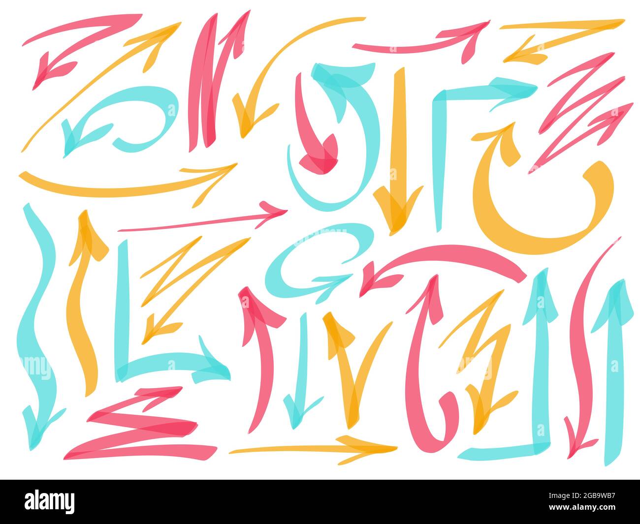 Éléments de surlignage vectoriel. Flèches dessinées à la main, jaune vif, bleu rose, isolées sur un beckground blanc Illustration de Vecteur