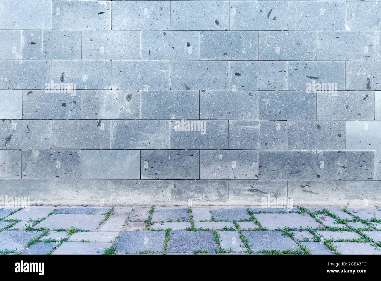Le mur avec des briques blanches gris clair et une décoration de trottoir pavée pour l'arrière-plan. Photo de haute qualité Banque D'Images