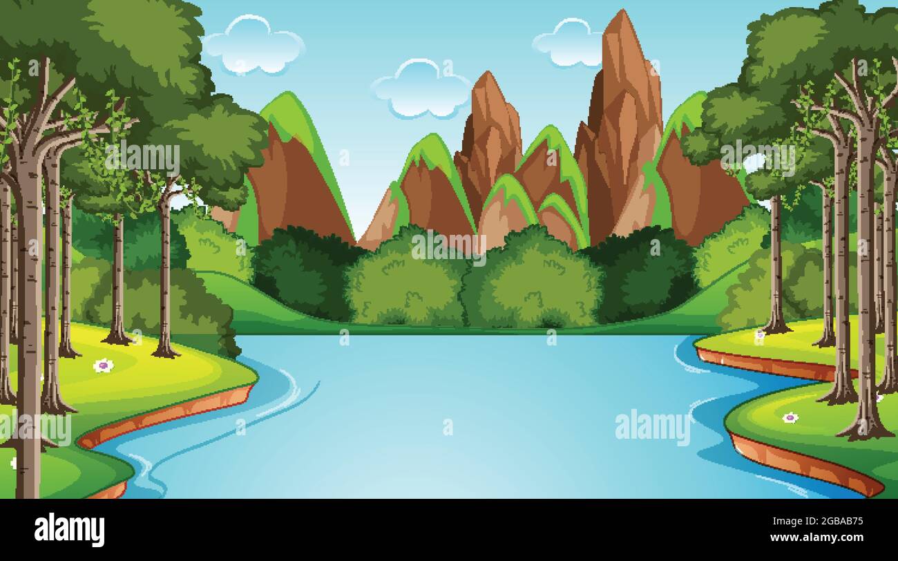 Cours d'eau à travers la scène de la forêt avec illustration de fond de montagne Illustration de Vecteur