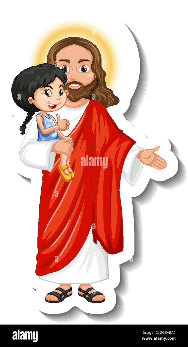 Jésus Christ tenant un autocollant enfant sur l'illustration de fond blanc Illustration de Vecteur