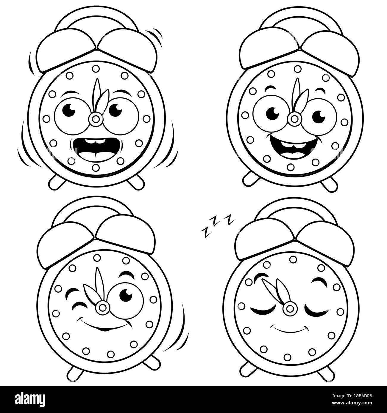 Ensemble de quatre personnages de réveil heureux. Une sonnerie, un sourire, un clin d'œil et un réveil de sommeil. Coloriage noir et blanc. Banque D'Images