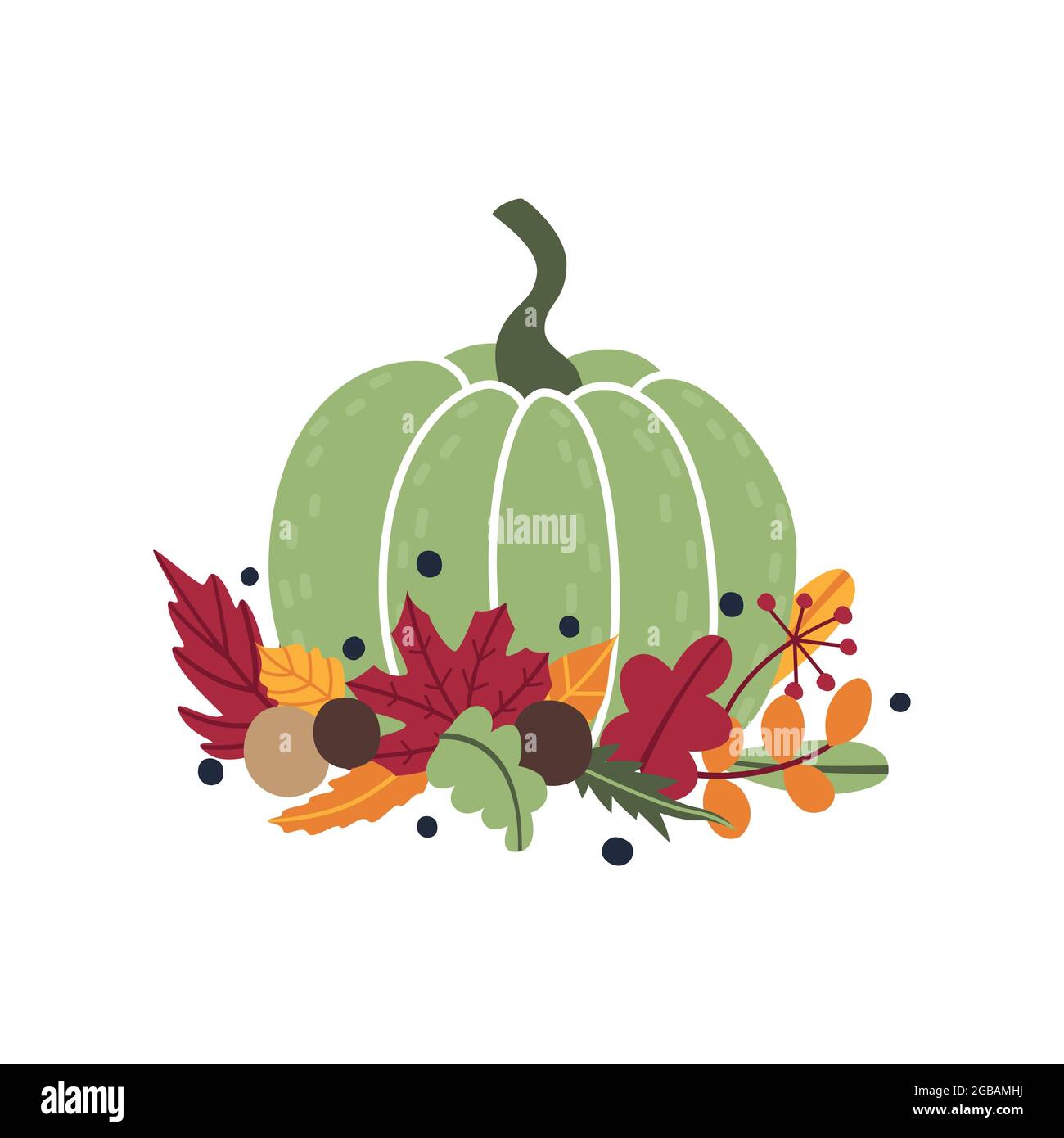 Composition automnale traditionnelle avec citrouille verte et feuilles mortes. Beau et mignon dessin animé herbier plat. Élément ou objet pour la conception de carte Illustration de Vecteur