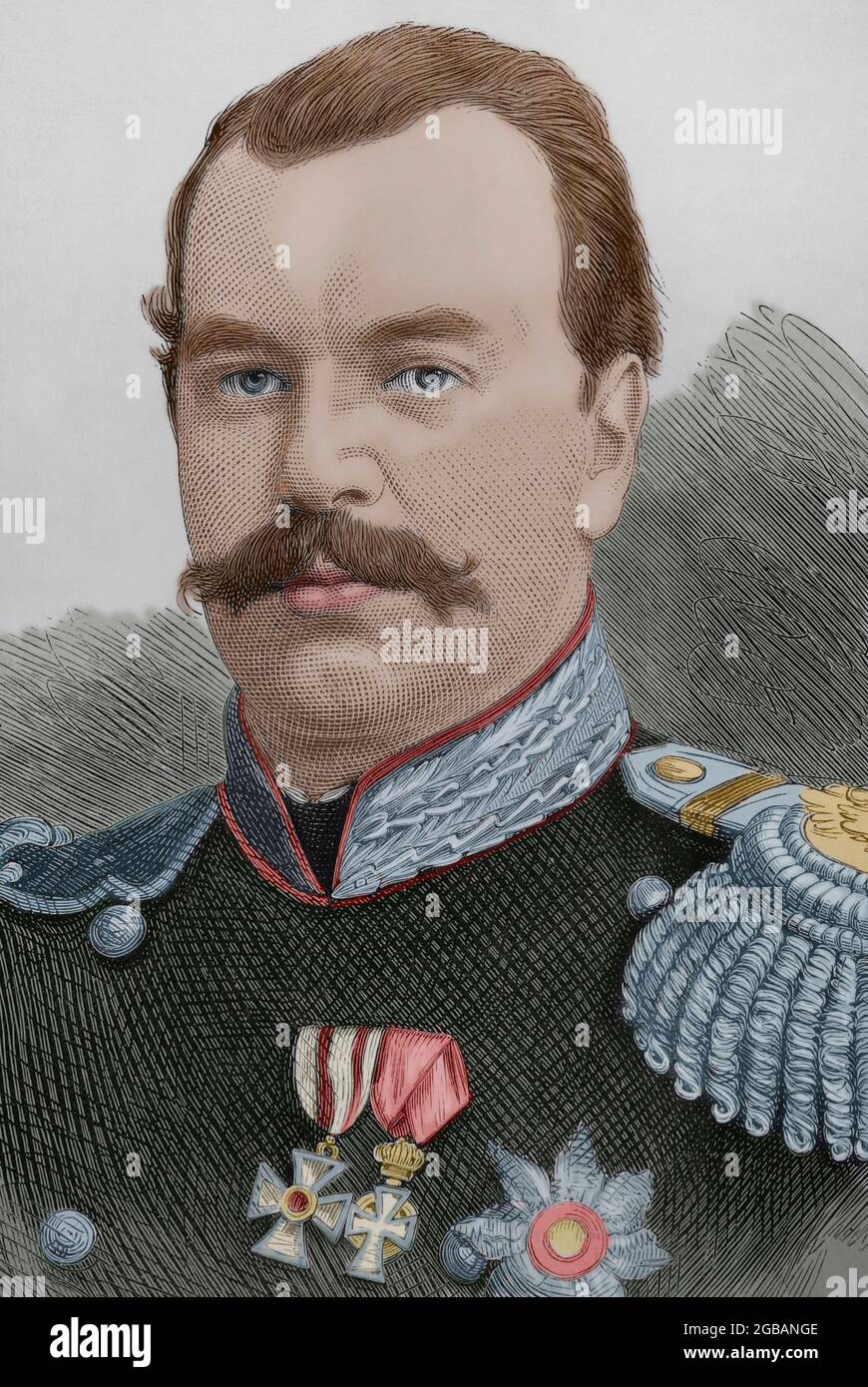 Alexandre III de Russie (1845-1894). Tsar de l'Empire russe, roi de Pologne et grand-duc de Finlande de 1881 à 1894. Portrait. Gravure. Coloration ultérieure. La Ilustración Española y Americana, 1881. Banque D'Images