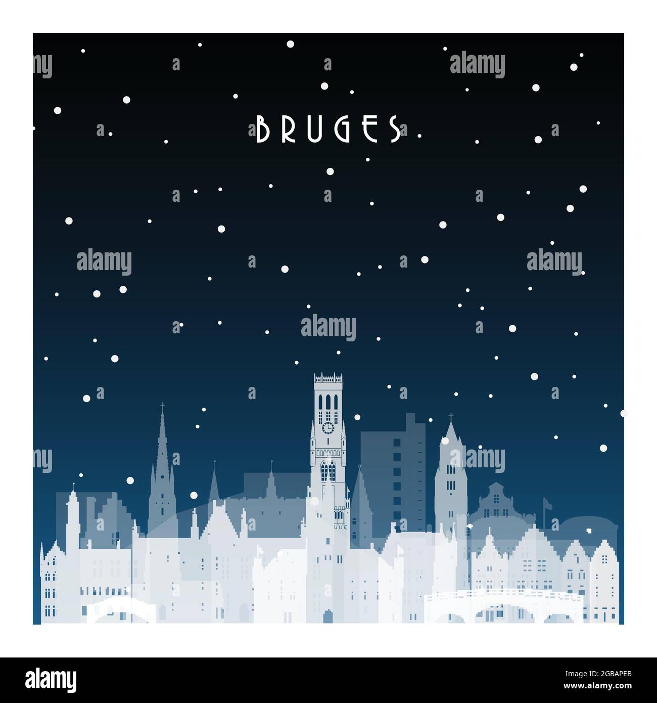 Nuit d'hiver à Bruges. Ville nocturne de style plat pour bannière, affiche, illustration, arrière-plan. Illustration de Vecteur