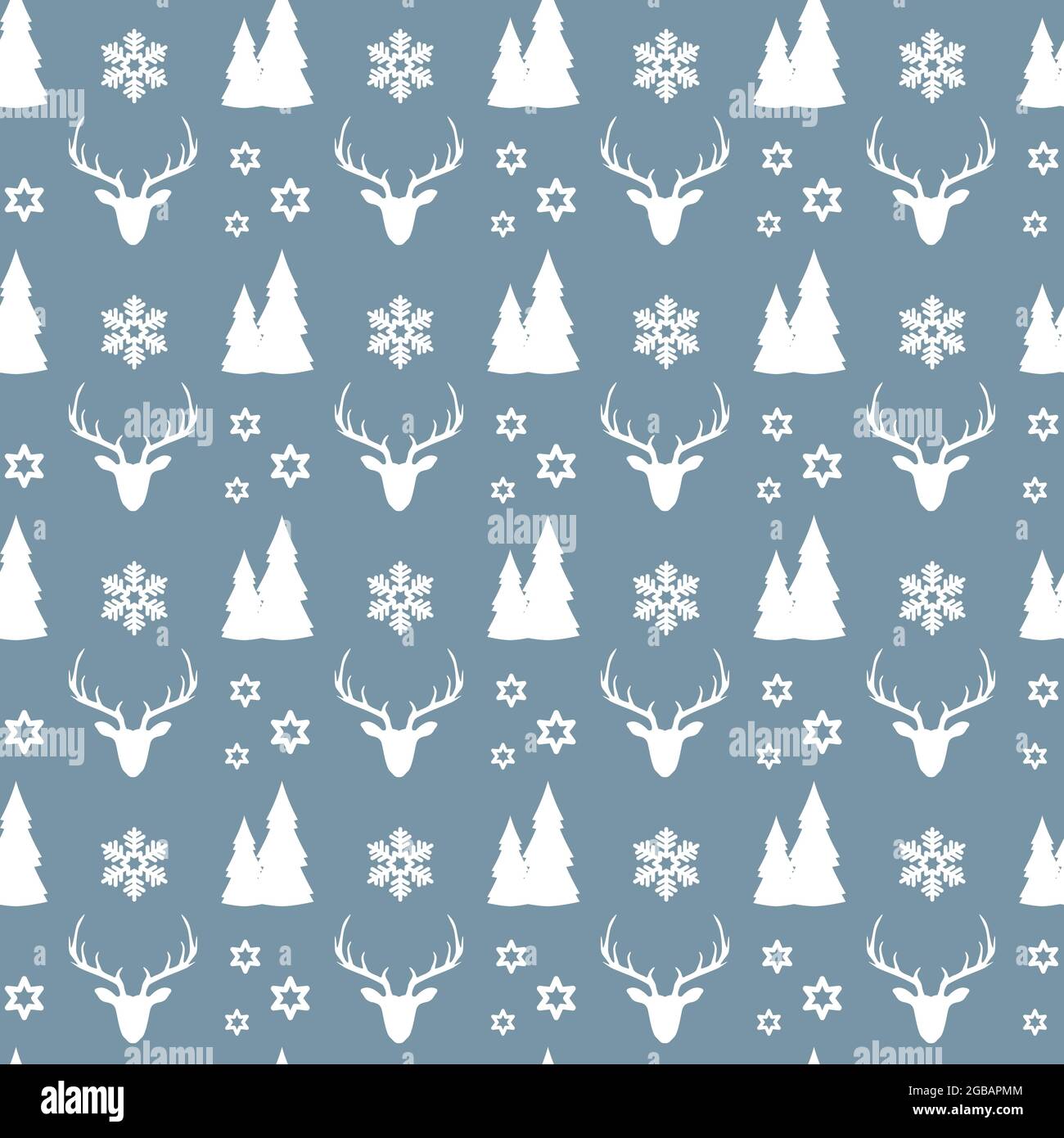 Motif de Noël sans couture avec des deers blancs, des maisons, des sapins, des flocons de neige et des étoiles sur fond bleu. Illustration vectorielle. Illustration de Vecteur