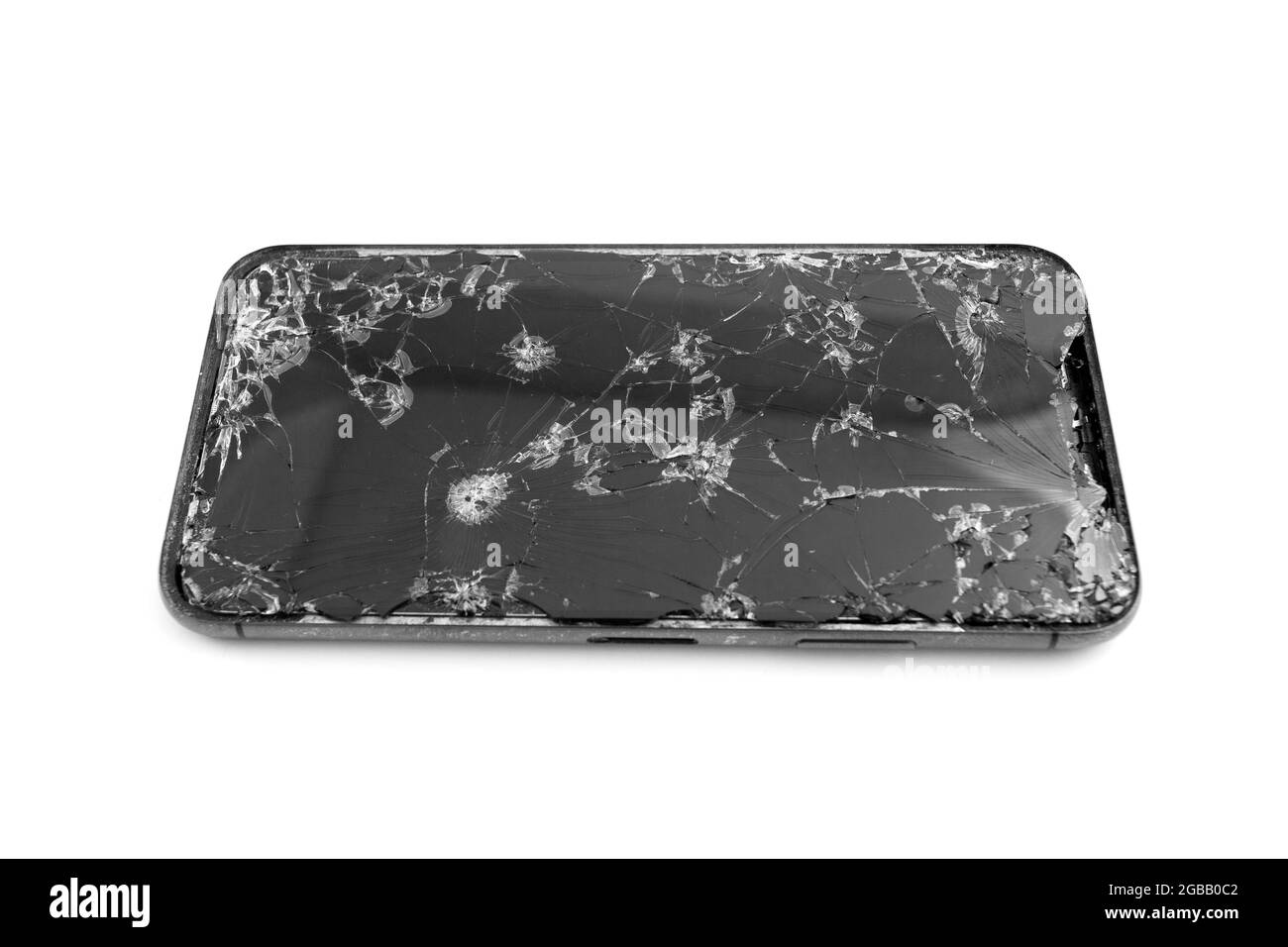 écran de téléphone mobile cassé sur fond blanc Banque D'Images