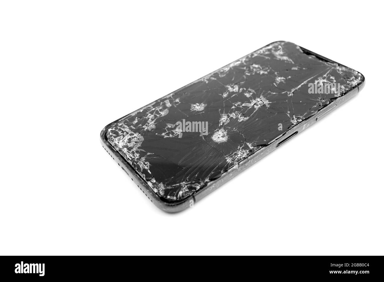 écran de téléphone mobile cassé sur fond blanc Banque D'Images