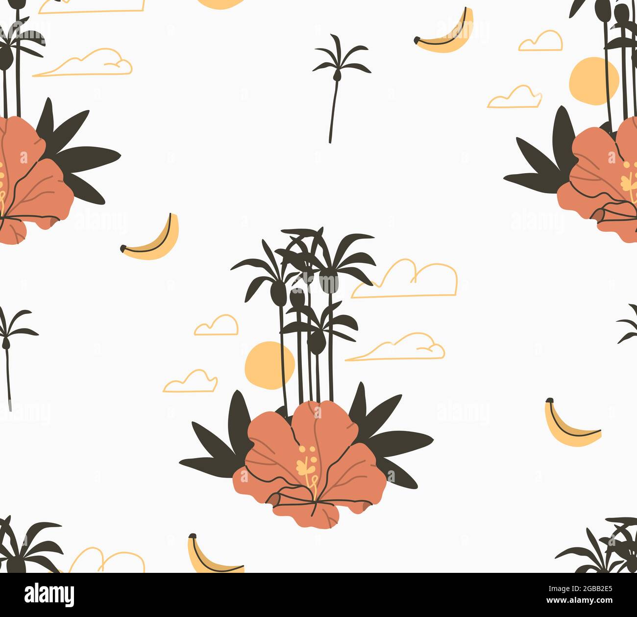 Dessin à la main vecteur abstrait stock graphique été caricature, minimalistes style contemporain illustrations sans couture motif avec fleur boho tropical et Illustration de Vecteur