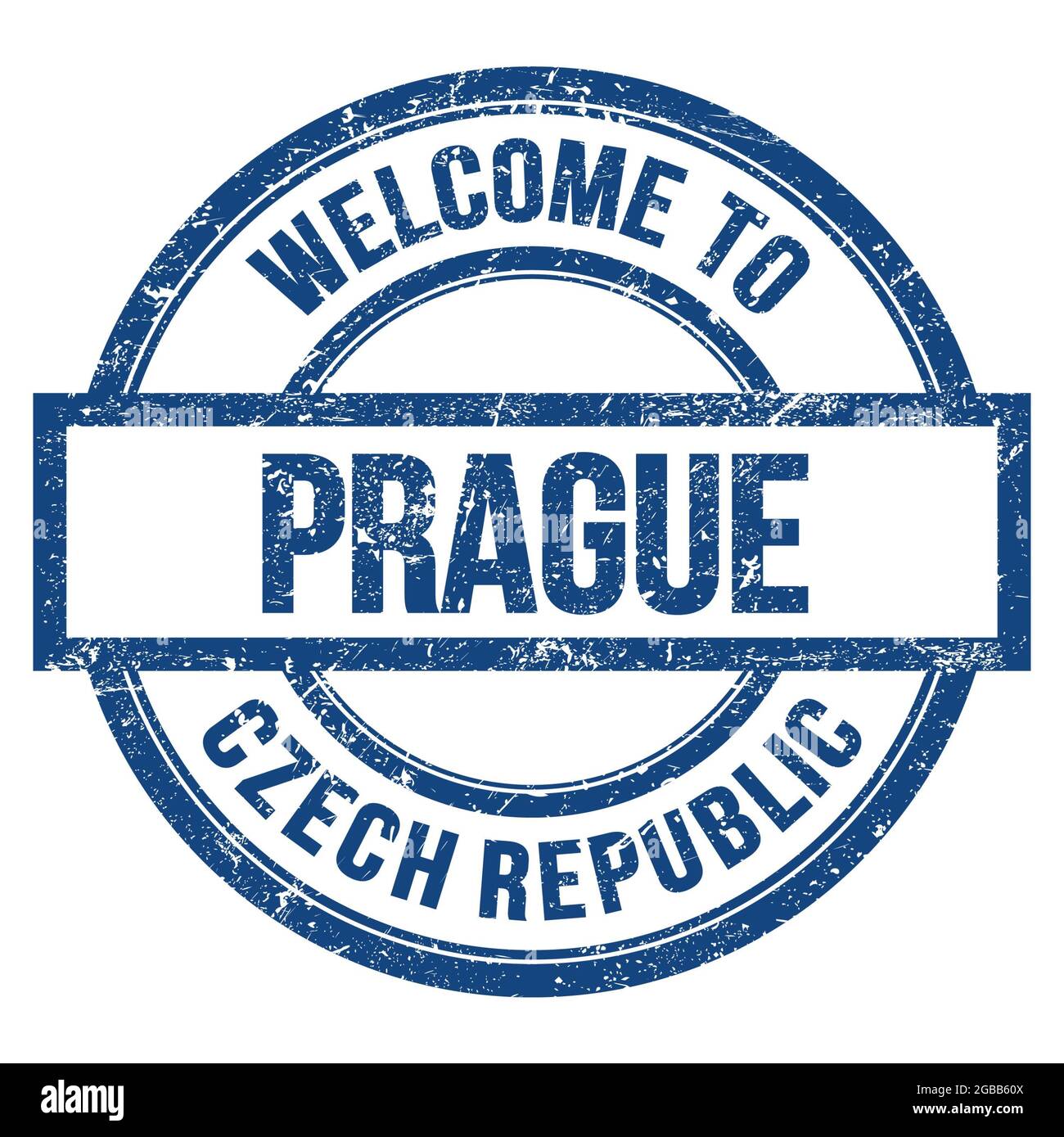BIENVENUE À PRAGUE - RÉPUBLIQUE TCHÈQUE, mots écrits sur le bleu rond simple timbre Banque D'Images