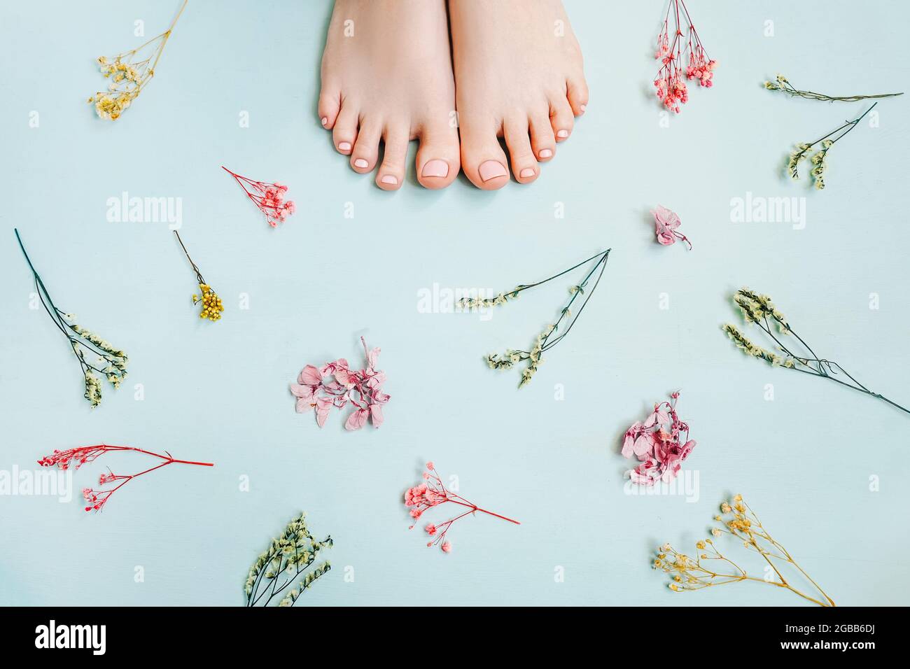 Pédicure femelle sur fond bleu, vue de dessus. Concept vacances et vacances d'été. Petites fleurs différentes autour. Banque D'Images