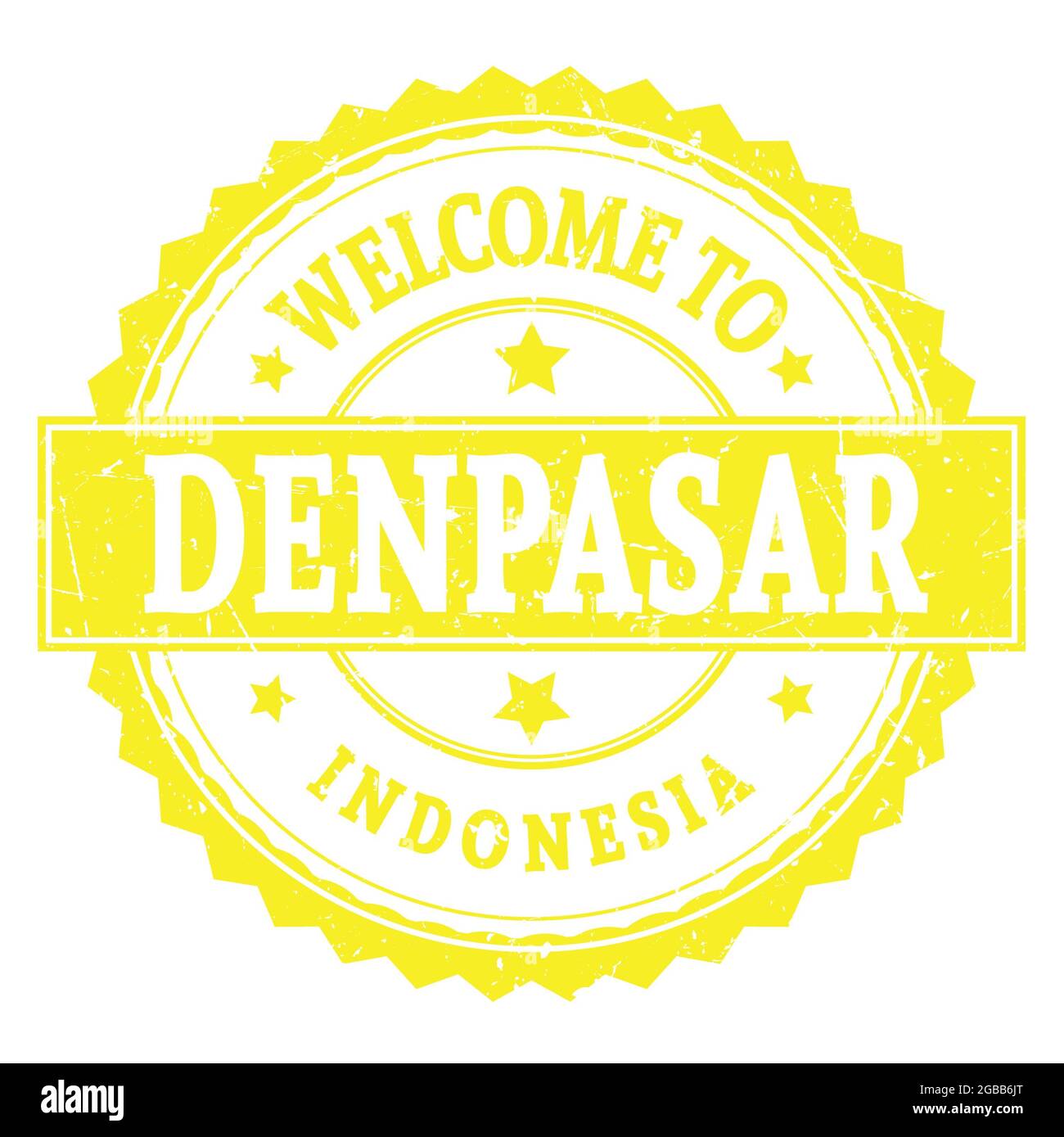 BIENVENUE À DENPASAR - INDONÉSIE, mots écrits sur un timbre jaune rond en zigzag Banque D'Images