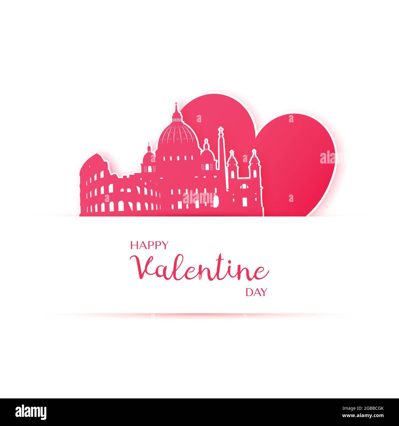 Cœur rouge et silhouette des autocollants en papier de la ville de Rome. Carte de Saint-Valentin en papier. Illustration de Vecteur