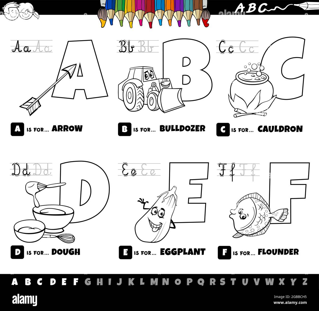 Dessin animé noir et blanc représentant des lettres majuscules de l'alphabet kit éducatif pour la pratique de la lecture et de l'écriture pour les enfants de Couleur a à F Illustration de Vecteur