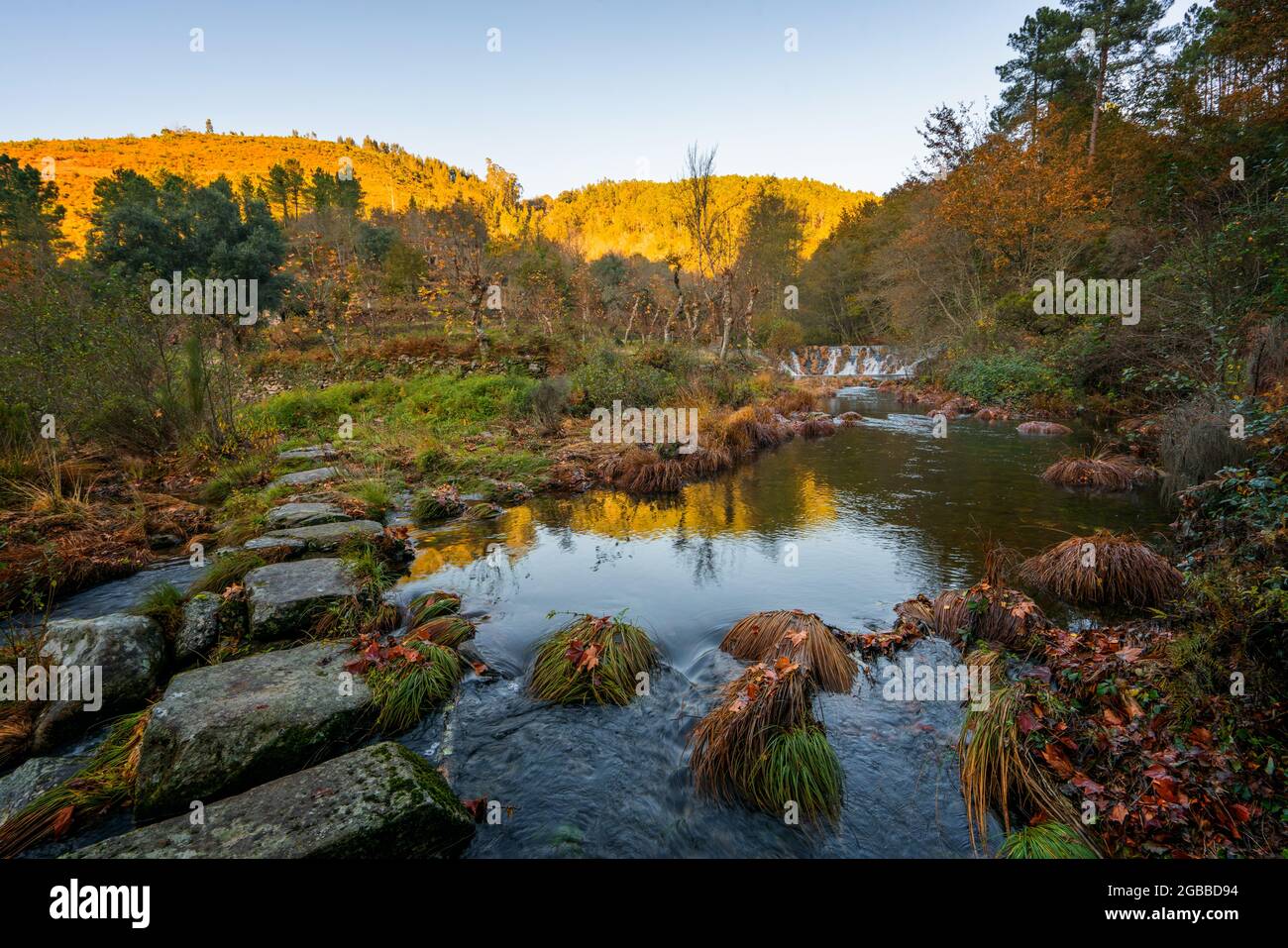 Mestres Weir sur le chemin de randonnée Piscaredo et paysage d'automne avec la rivière Cabril au coucher du soleil à Mondim de Basto, Norte, Portugal, Europe Banque D'Images