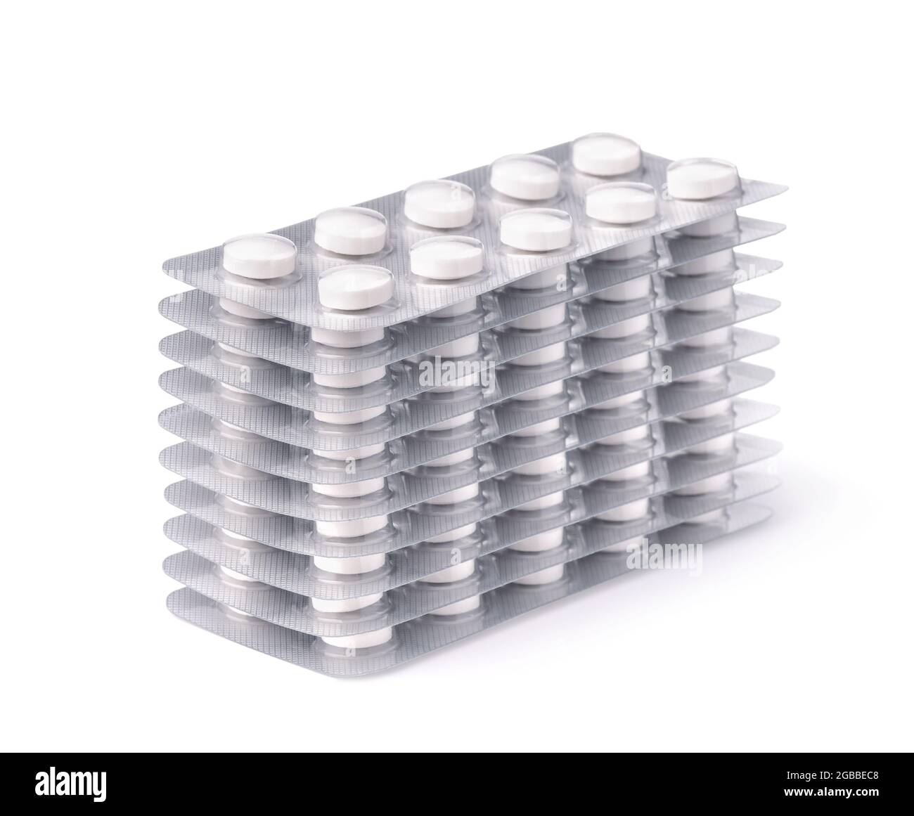 Pile de comprimés blister emballages isolés sur blanc Banque D'Images